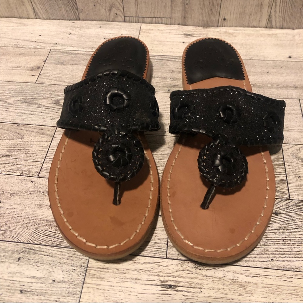 Jack Rogers flip flop sandals black leather flat glitter SZ 5